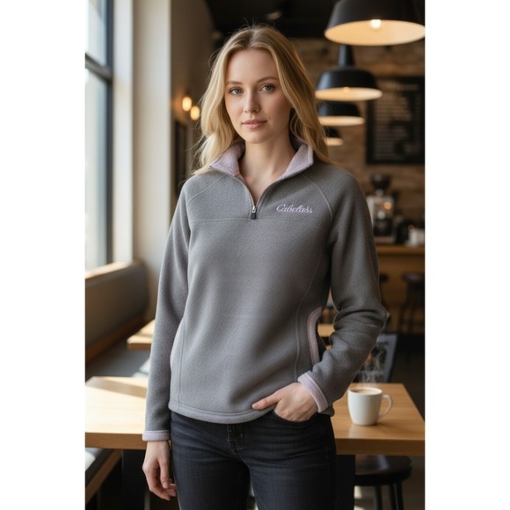 Cabelas Womens Quarter Zip Fleece Pullover Gray Lavender Sherpa Trim Small